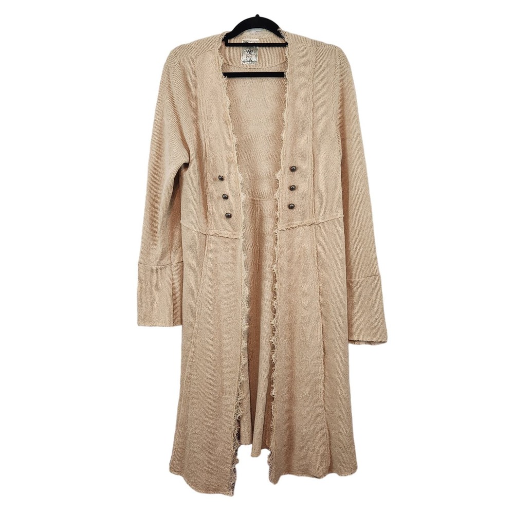 Vocal Long Open-Front Cardigan in Beige
